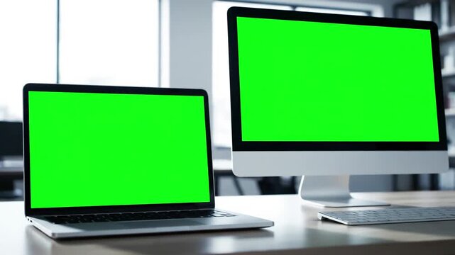 Green Screen computer and mockup desktop in office for user interface website web design company technology digital marketing blank pc advertising ux software dashboard scene 4 with distortion