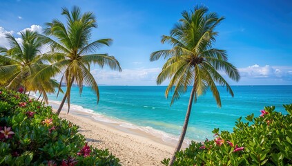 Fototapeta premium Lush green trees border a pristine white sandy beach under a clear blue sky, offering peaceful ocean vistas.