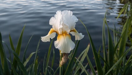 Iris x Hollandica Apollo features white standards and yellow falls, belonging to the Xiphium Iris group.