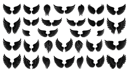 A collection of illustrated pairs of dark grey/black wings, each set different, against a stark black background