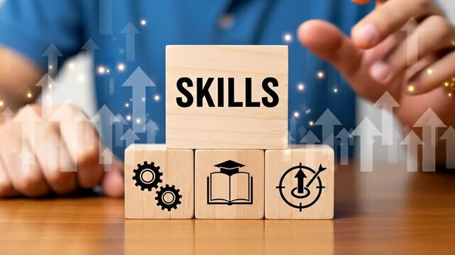 Person holding wooden block with the word skills above blocks, education and goal setting concept, personal development and learning idea, achievement and growth theme, generative AI