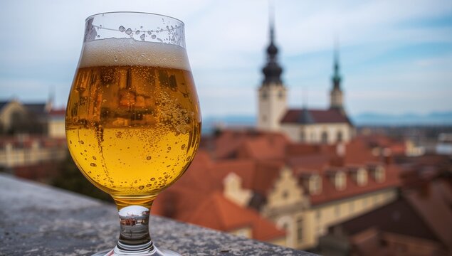 A glass of cloudy beer shines beautifully with historic architecture in the backdrop
