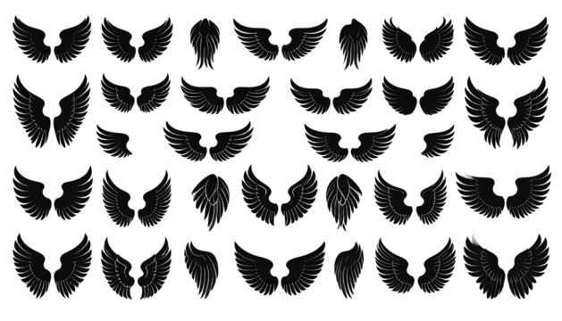 A collection of illustrated pairs of dark grey/black wings, each set different, against a stark black background