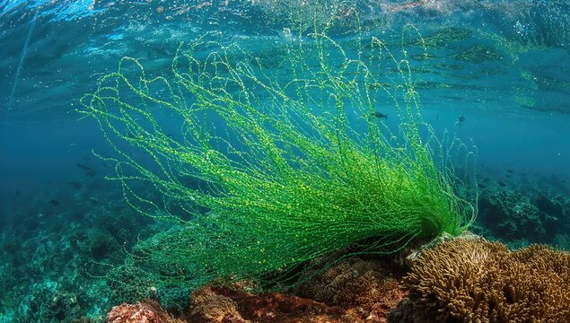 Underwater view of green sea algae (Tydemania expeditionis) among coral reef ecosystems