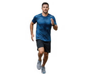 Man running in athletic wear focused and determined on a dark stage transparent background