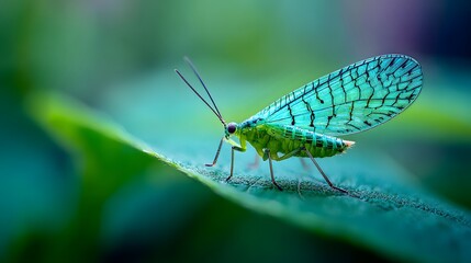 Vibrant green insect rests upon the edge of a leafy surface with detailed wings