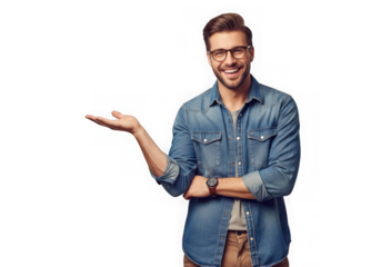Smiling man in denim shirt presents with open palm gesture and glasses transparent background