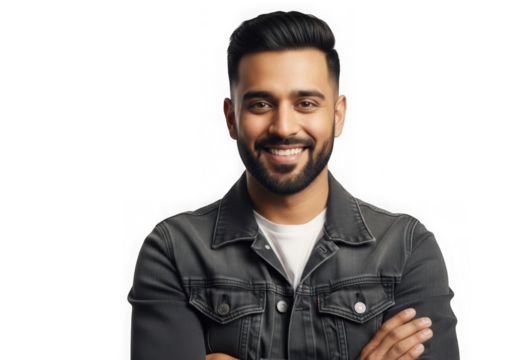 Confident bearded man wearing denim jacket smiling with microphone headset transparent background