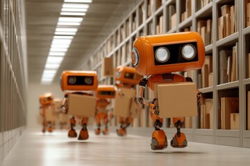 Orange robots organizing boxes in modern warehouse