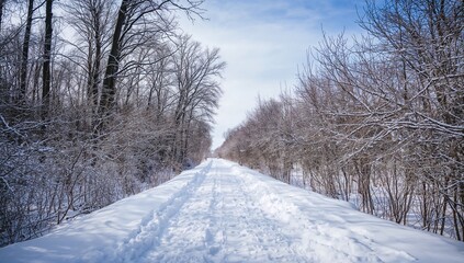 Obraz premium Winter trail winding through trees, festive season, scenic nature, frosty branches, open air, chilly