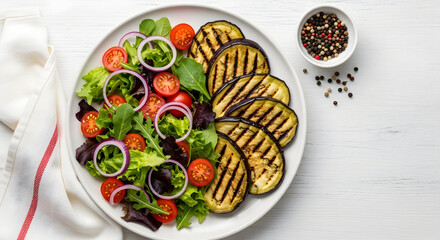 Healthy Vegetarian Grilled Eggplant and Salad Dish Commercial Stock Photo Fresh Cherry Tomato and Onion Rings Mixed Greens with Arugula Recipe Ready to Enjoy