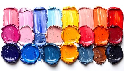 Colorful paint swatches, artist's palette. Various hues & textures. Close-up, studio shot, white background