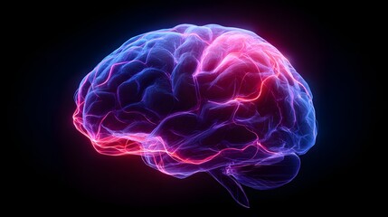 Glowing human brain structure illuminated with vibrant neon light against a dark background