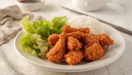 Crispy fried chicken with rice and a side salad on a white table in a restaurant setting