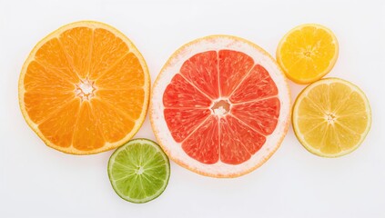 Obraz premium Individual citrus fruits including orange, pink grapefruit, lime, and lemon segments on a white backdrop