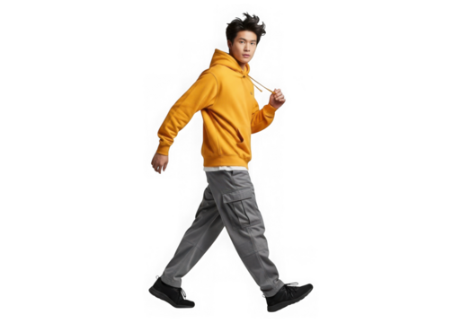 Dynamic young man in yellow hoodie striding forward with energy and purpose transparent background