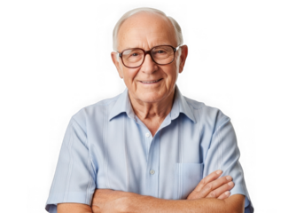 Smiling elderly man with glasses wearing a light blue shirt posed transparent background
