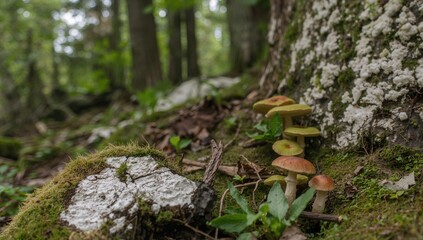 Fototapeta premium Amidst dense greenery, a grand wooden structure rises, embellished with pale stones and thriving flora, creating a perfect blend of earthy trunks and nature.