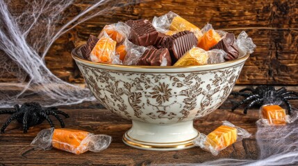 Vintage candy bowl with assorted chocolates, creating nostalgic Halloween mood with autumnal warmth.