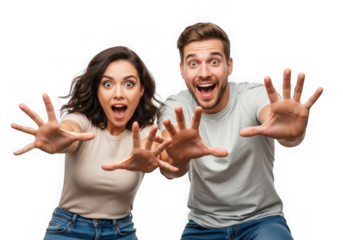 Scared couple reaching out with open mouths and wide eyes transparent background