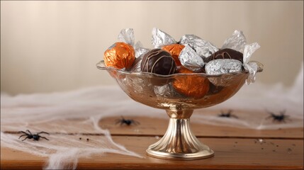 Vintage candy bowl with assorted chocolates, creating nostalgic Halloween mood with autumnal warmth.