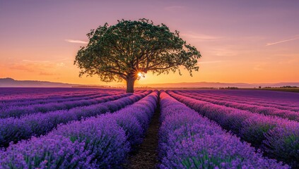 Sunrise over a lavender field with a solitary tree