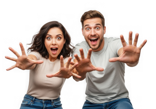 Scared couple reaching out with open mouths and wide eyes transparent background