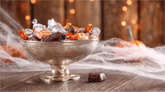 Vintage candy bowl with assorted chocolates, creating nostalgic Halloween mood with autumnal warmth.