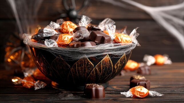 Vintage candy bowl with assorted chocolates, creating nostalgic Halloween mood with autumnal warmth.