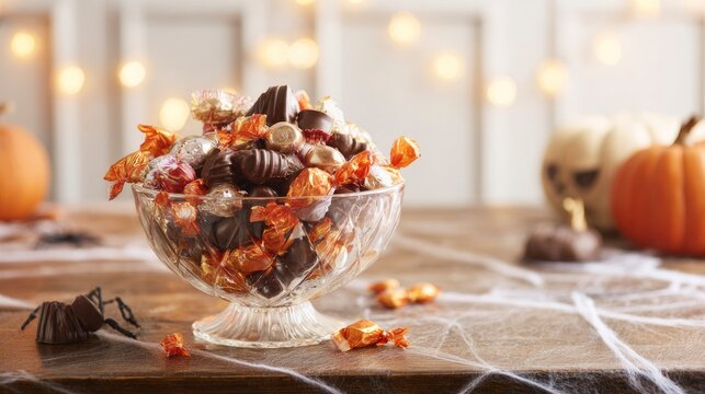 Vintage candy bowl with assorted chocolates, creating nostalgic Halloween mood with autumnal warmth.