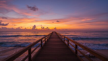 Sunset over a tranquil beach pier, perfect for a relaxing vacation by the sea