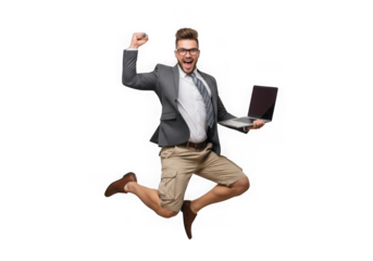 Businessman jumps for joy with laptop celebrating success transparent background