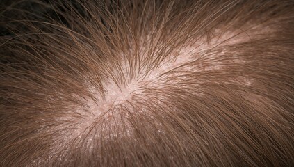 Fototapeta premium Close-up medical image of seborrheic dermatitis showing itchy scalp with white flakes and skin inflammation