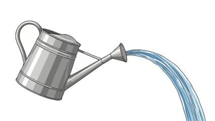 A silver watering can tilted with a stream of water pouring out