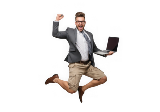 Businessman jumps for joy with laptop celebrating success transparent background