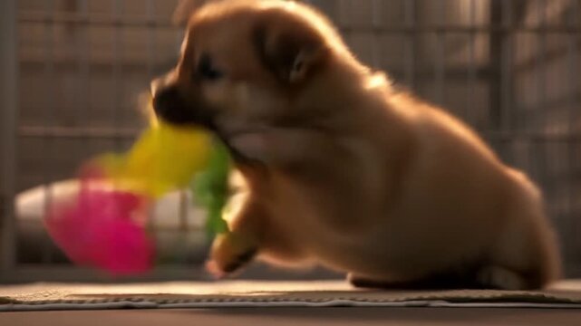 Tiny puppy in a shelter plays with a bright squeaky toy for the first time, tossing it clumsily with joy, conveying the pure happiness of simple play.