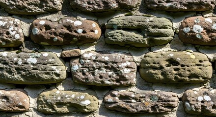 Close up of an old weathered stone wall with moss and lichen