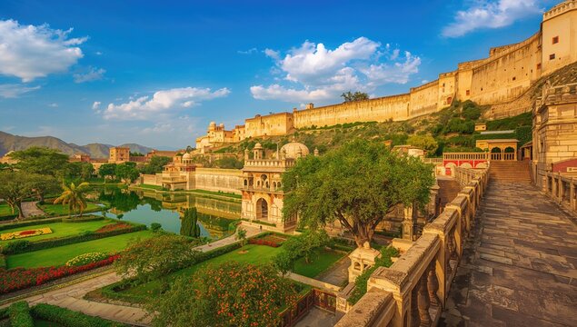 Historic Lake and Surrounding Gardens at a Majestic Fort