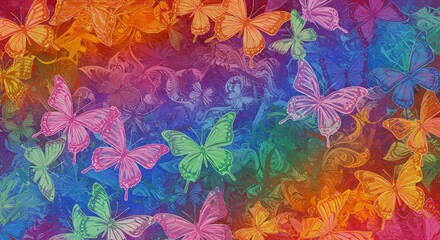 Colorful, painterly butterflies of various hues flutter across a vibrant, abstract background