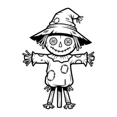 Friendly scarecrow character with a stitched smile and button eyes. A charming black and white line art illustration perfect for fall and harvest concepts