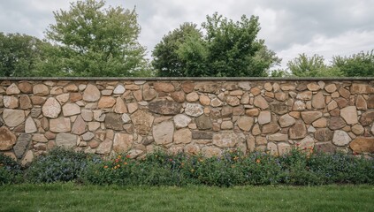 Panoramic view of a massive stone wall with rounded rocks, showcasing texture and design in a garden setting