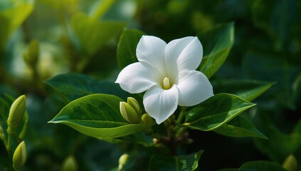 Close-up of a pristine white gardenia blossom amidst lush green foliage and emerging buds, showcasing nature's elegance.