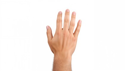 Rear view of a man's hand raised with fingers extended in a touch pose against a plain white backdrop