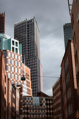 Moody graphic vertical cityscape of the city of The Hague in The Netherlands with high rise buildings
