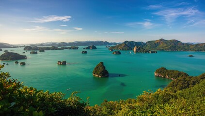 Summer sky over a lush green island in a tranquil inland sea