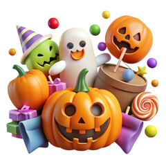 Cute halloween characters and candy assortment isolated on transparent background