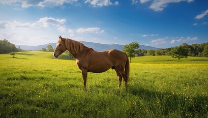 Obraz premium Equine grazing in a sunny meadow during summer