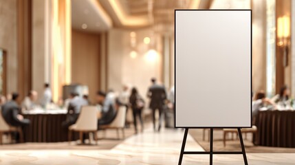 Blank white easel stands in elegant ballroom with blurred people around tables, concept for corporate event, presentation display and wedding reception signage