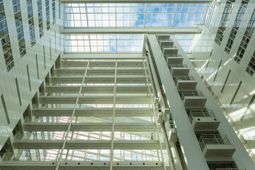 Looking up at skylight of City Hall atrium modern architecture hallway public service building