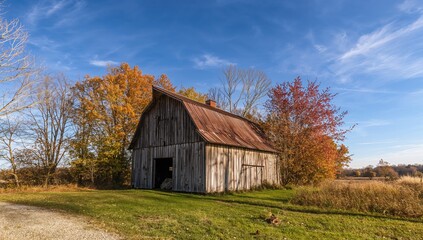 Obraz premium A Weathered Shed Amidst Late Fall Foliage